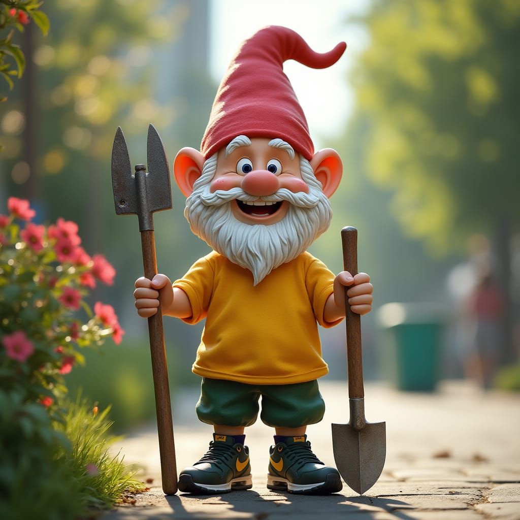 Cheerful Garden Gnome in Double Exposure Scene