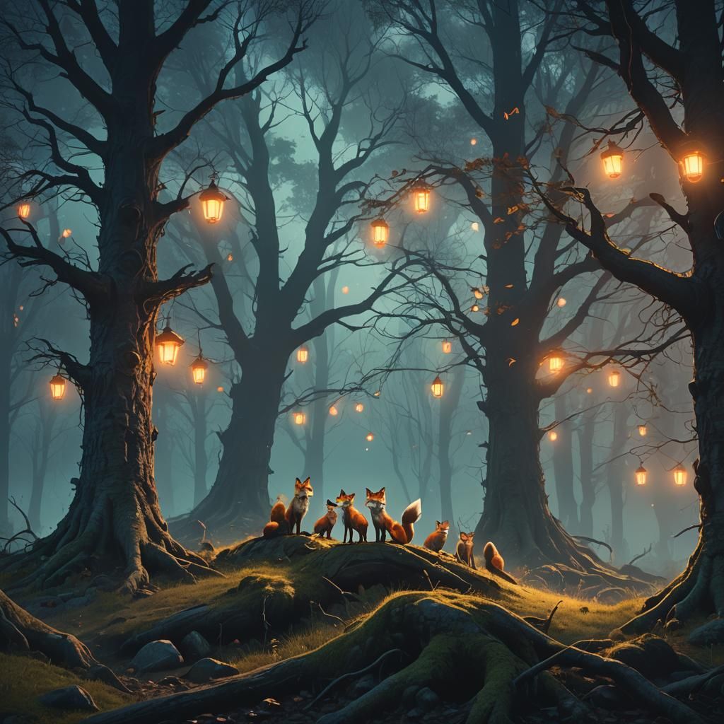 Fox Family in Black Forest: Cinematic Digital Art