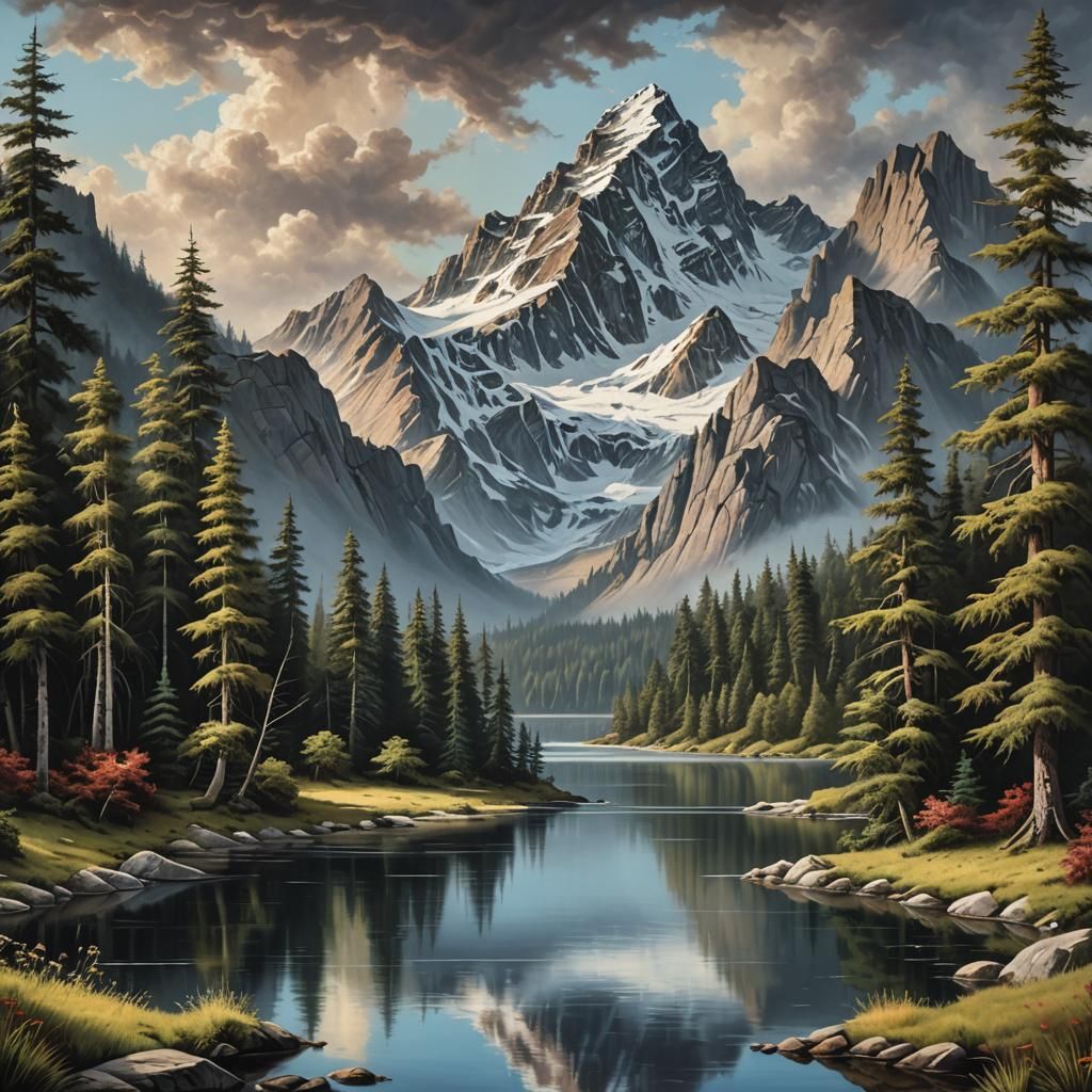 Mountain Lake Scene in Bob Ross Style