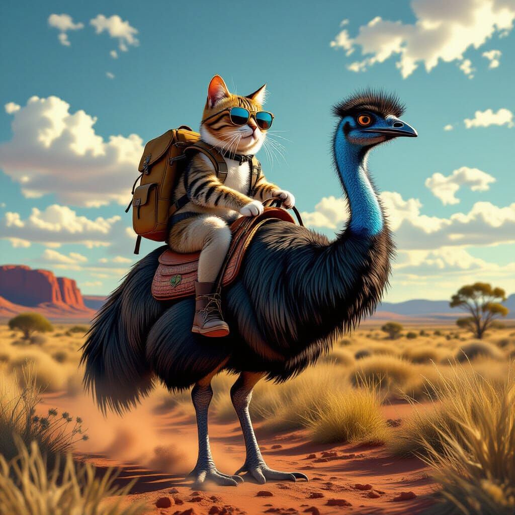 Cat Rides Emu Across Australian Outback