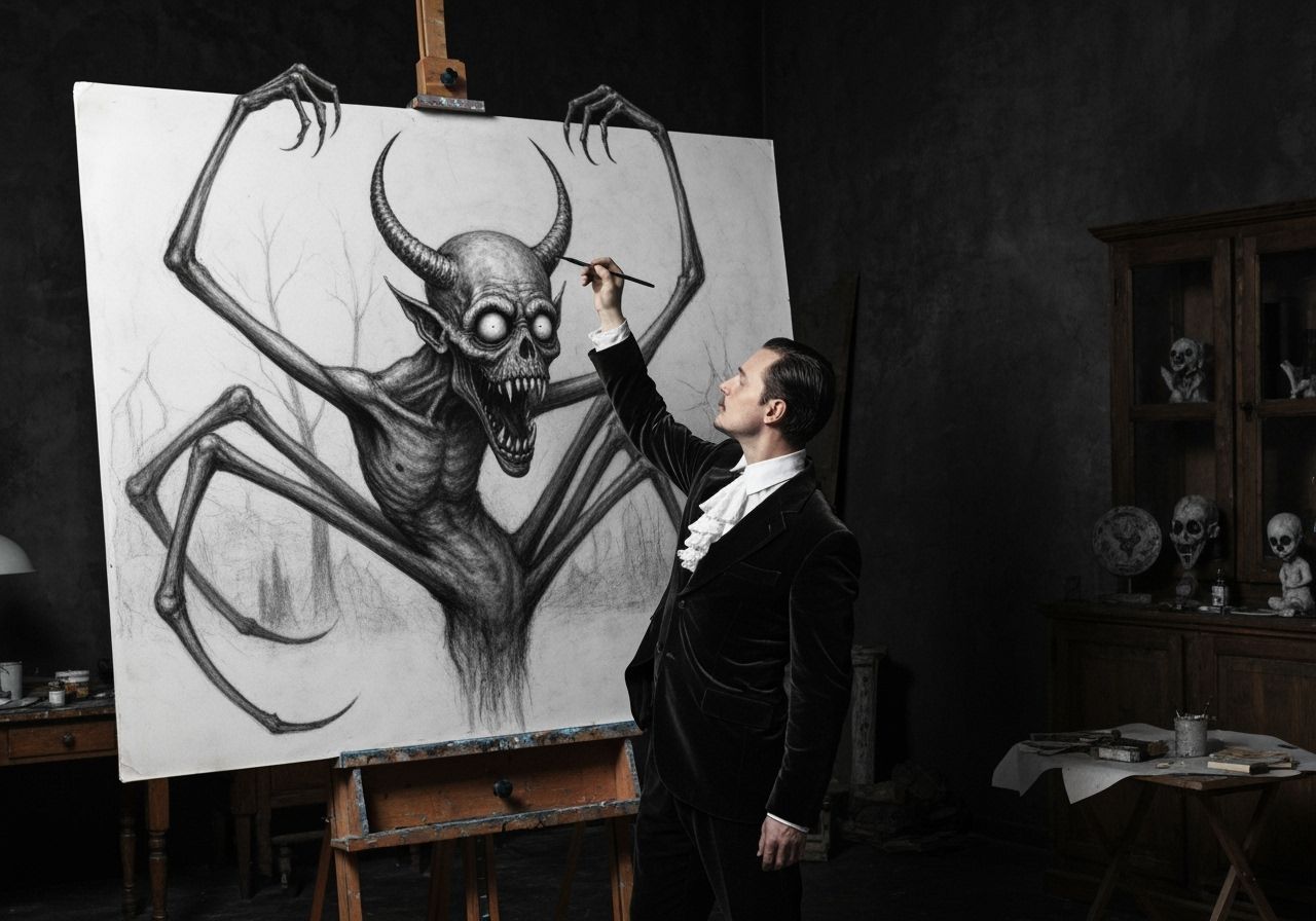 Macabre Artist Attacked by Demon in Vintage Studio