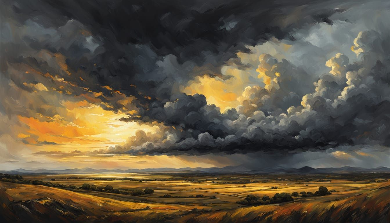 Dramatic Landscape Painting with Golden Horizon