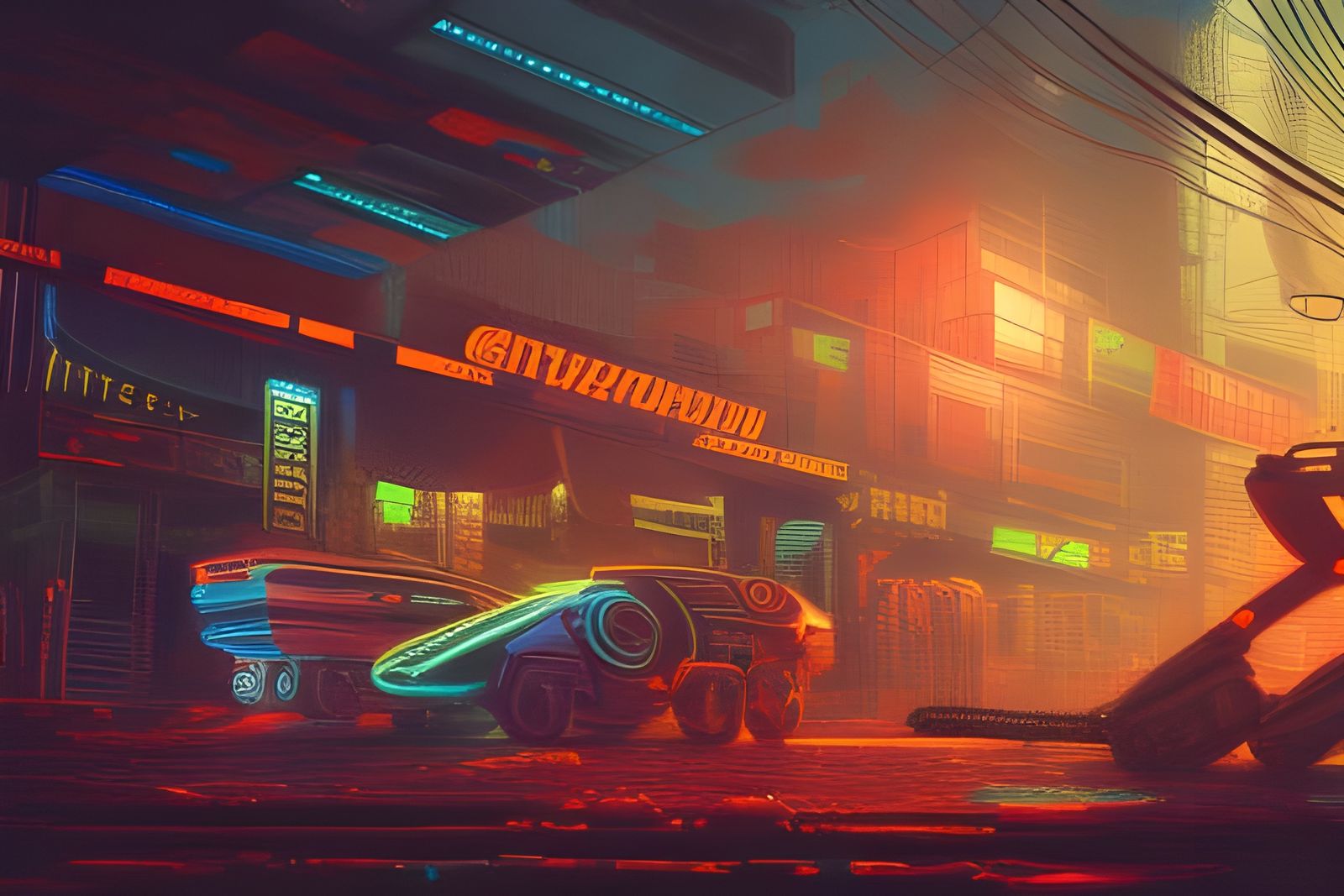 Cyborg Merchant in Dystopian Cyberpunk Cityscape
