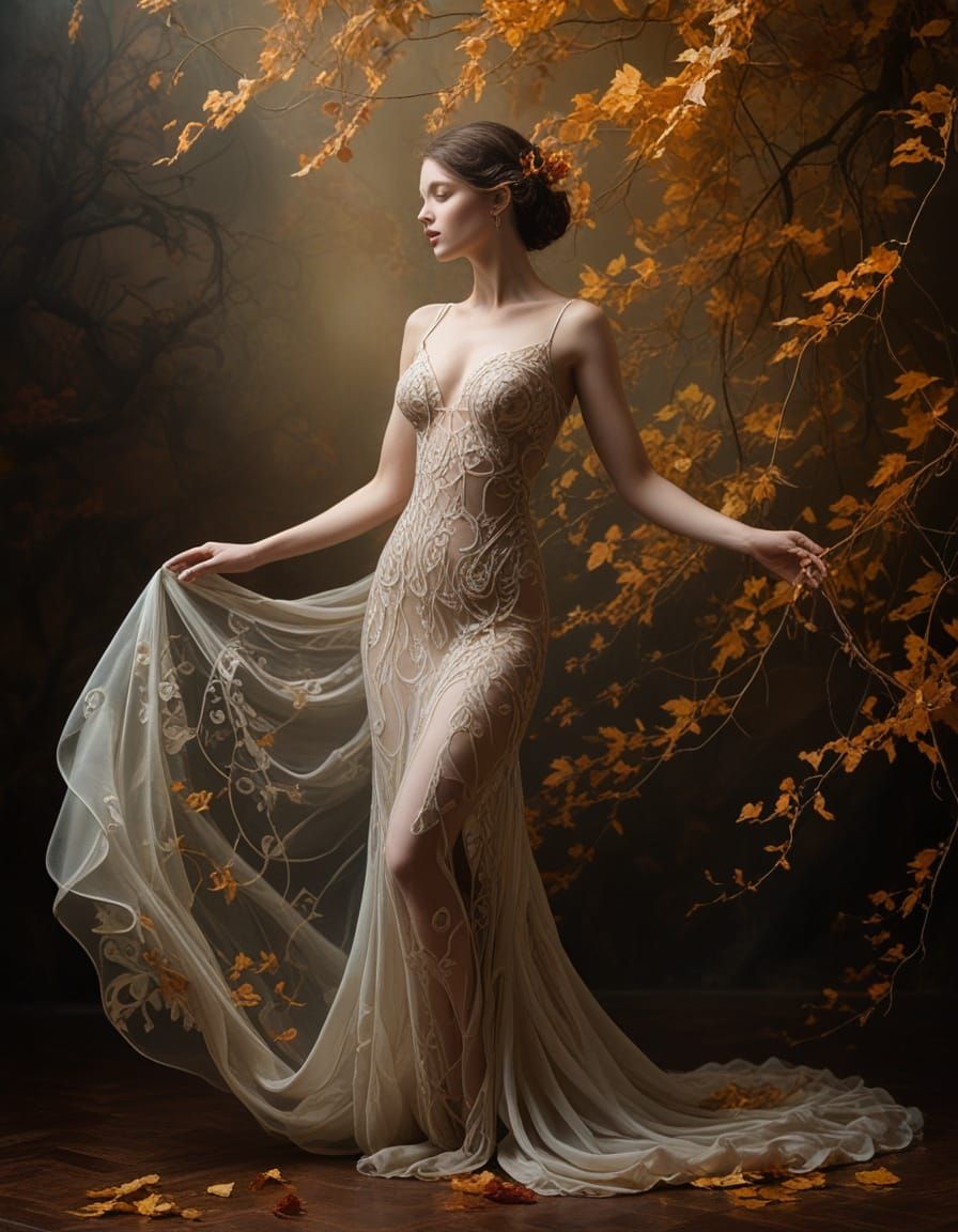 Autumn Goddess Amidst Swirling Vines and Mist