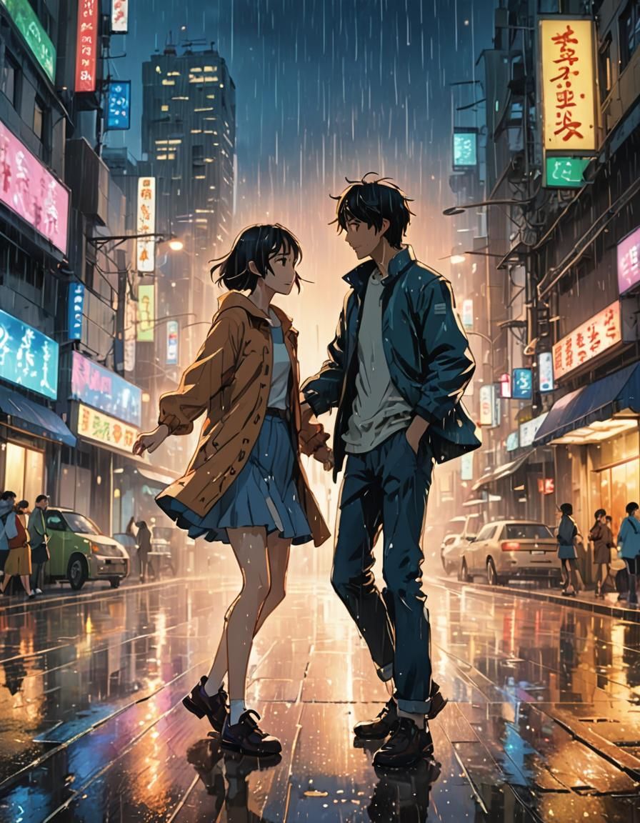 Romantic Rainy Night Couple Dancing in Futuristic City