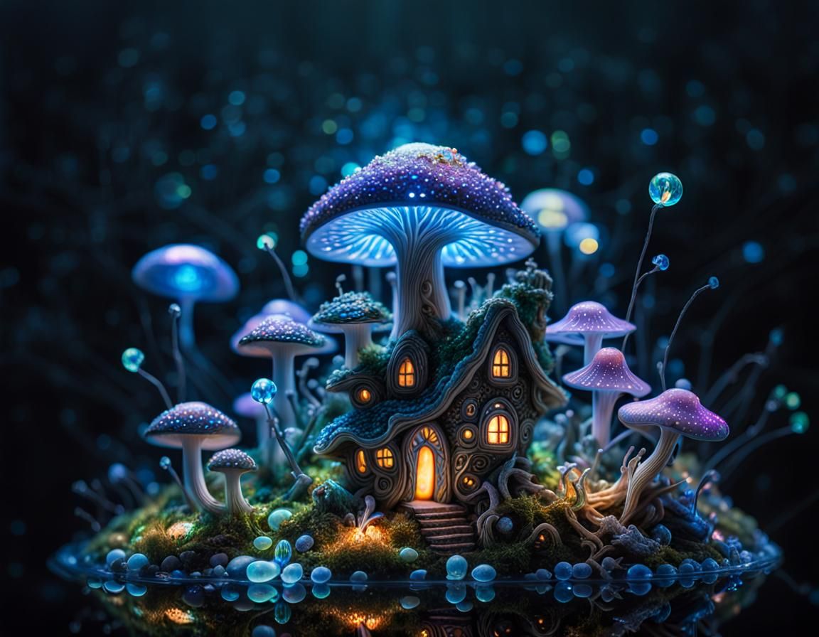 Bioluminescent Mushroom Home in Macro Photography