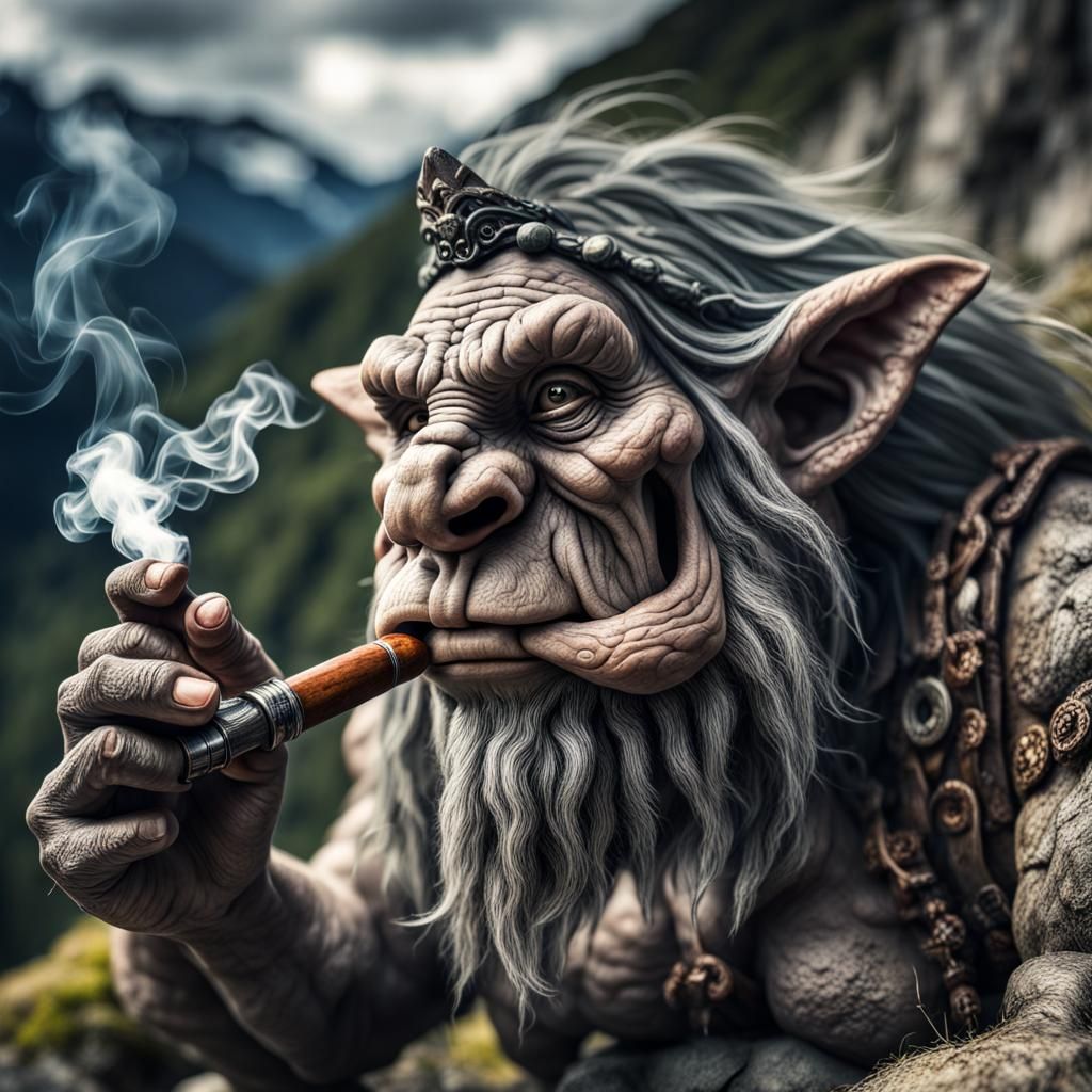 Hyperrealistic Mountain Troll Smoking a Pipe