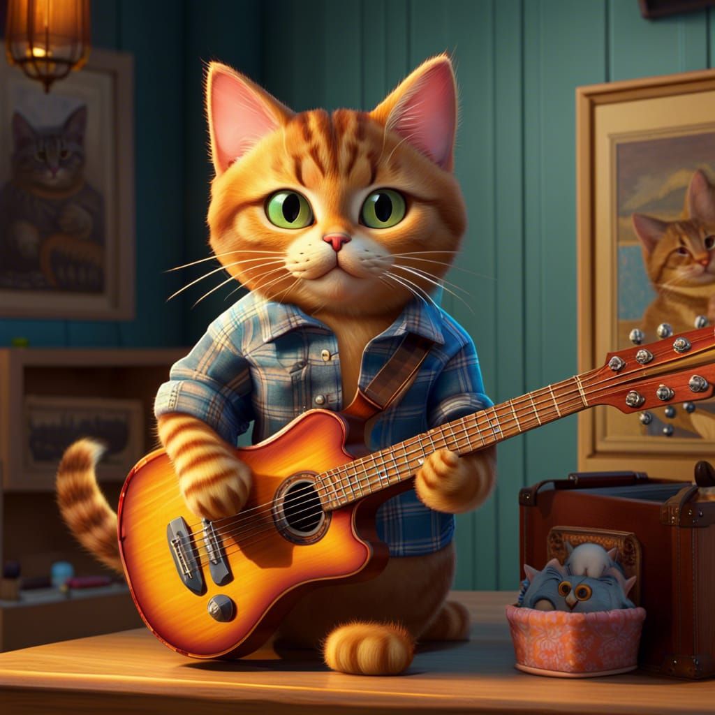 Cat Plays Guitar in Louis Wain Style