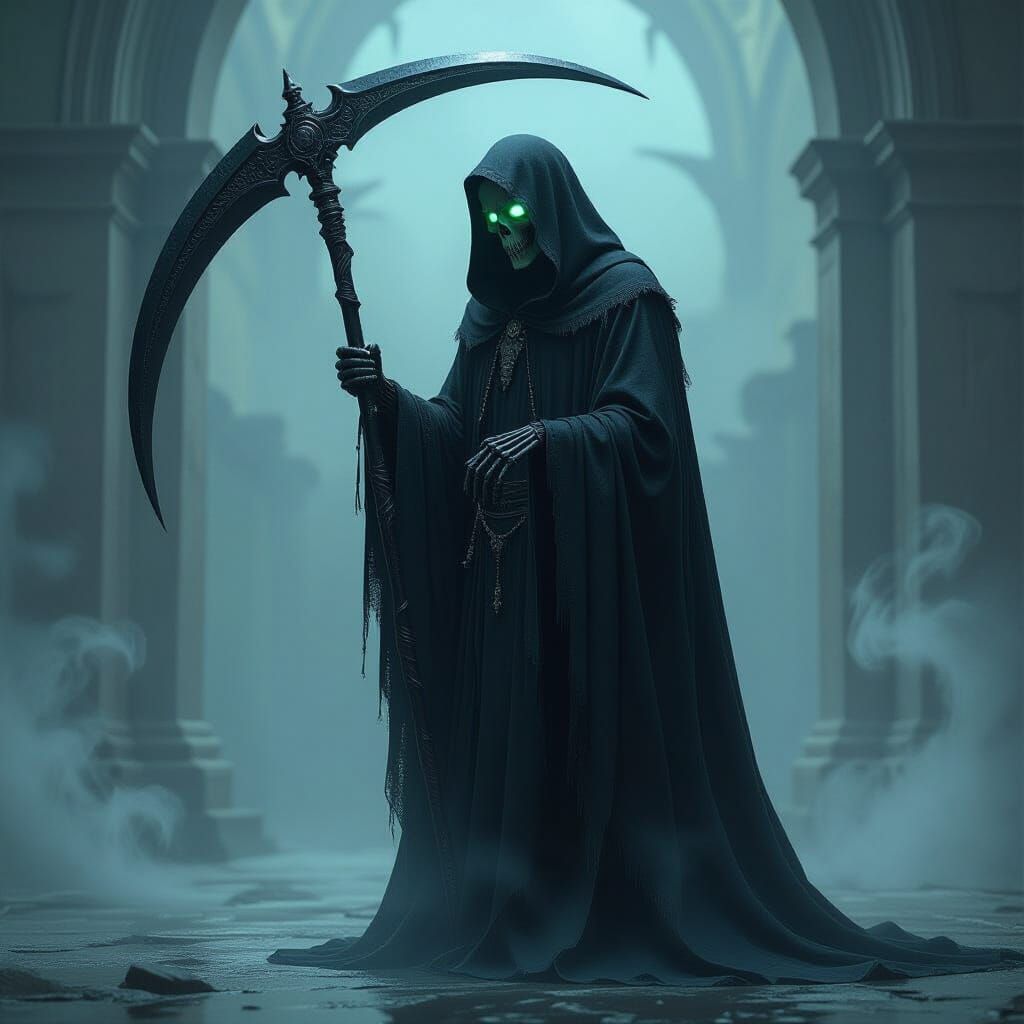 Grim Reaper Contemplates Self-Reaping in Eerie Digital Art