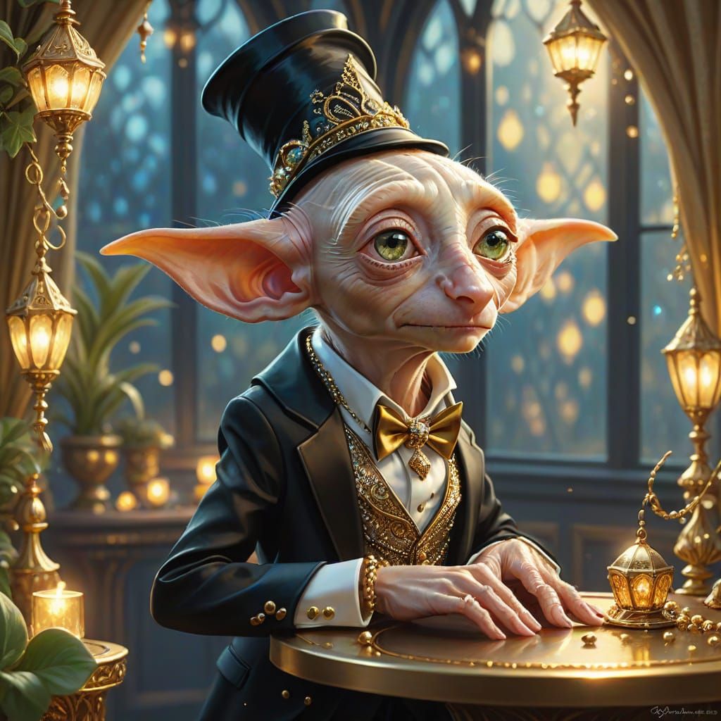 Dobby in Elegant Tuxedo with Sparkling Jewelry