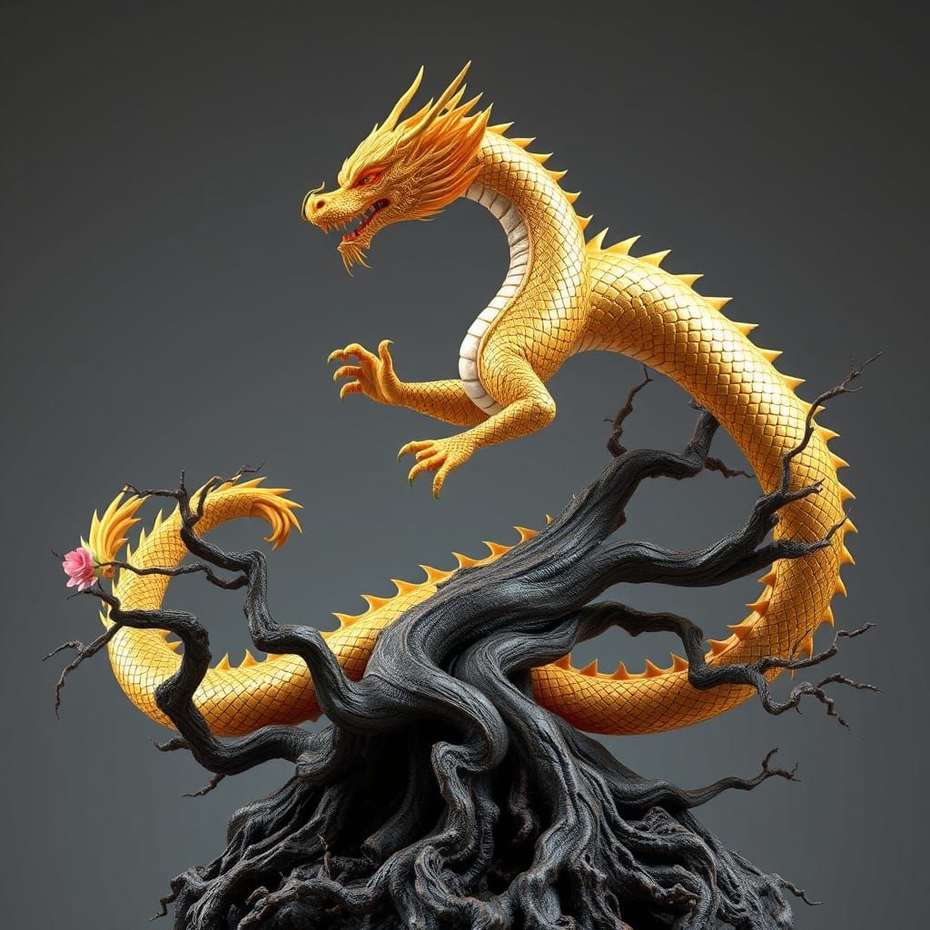 Majestic Golden Dragon Bonsai Tree in 3D Anime Style