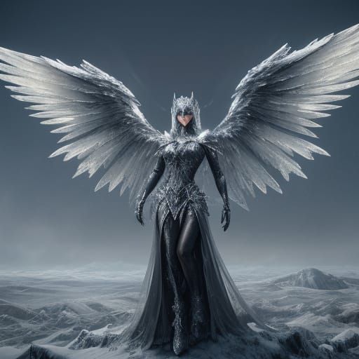 Metal Dark Angel Guarding Frozen Landscape Oil Painting