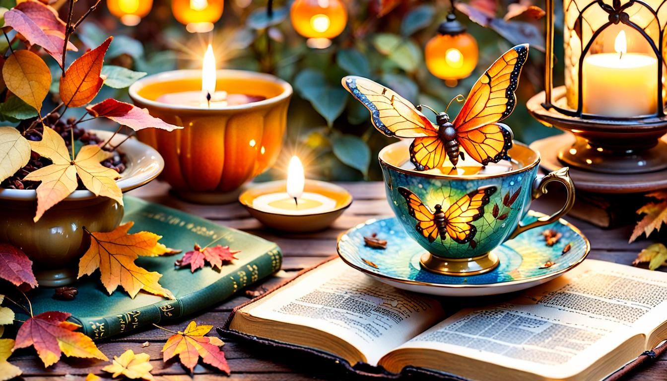 Autumn Garden Teacup Scene in Mosaic Style