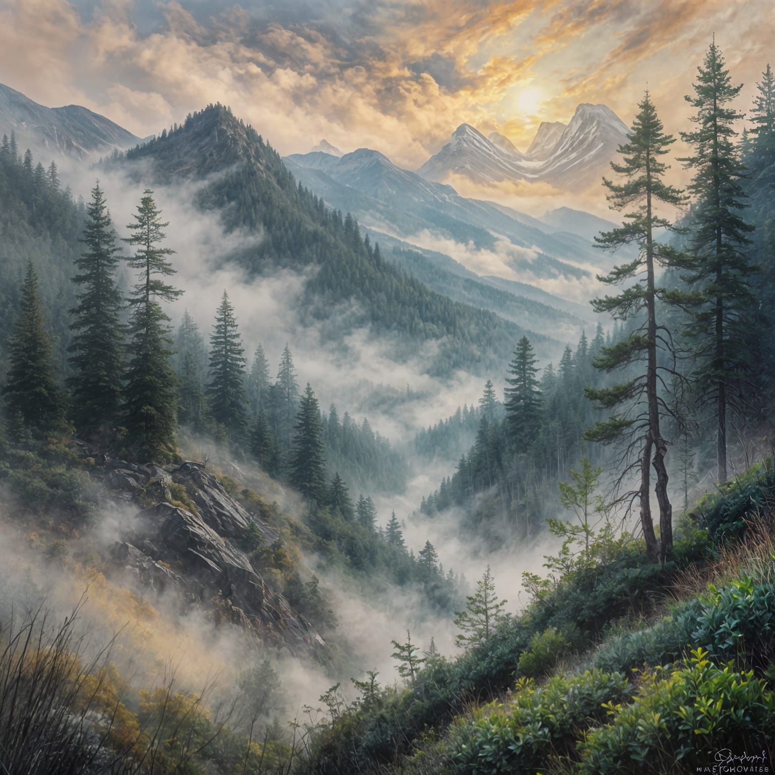 Impressionistic Foggy Mountain Morning Landscape