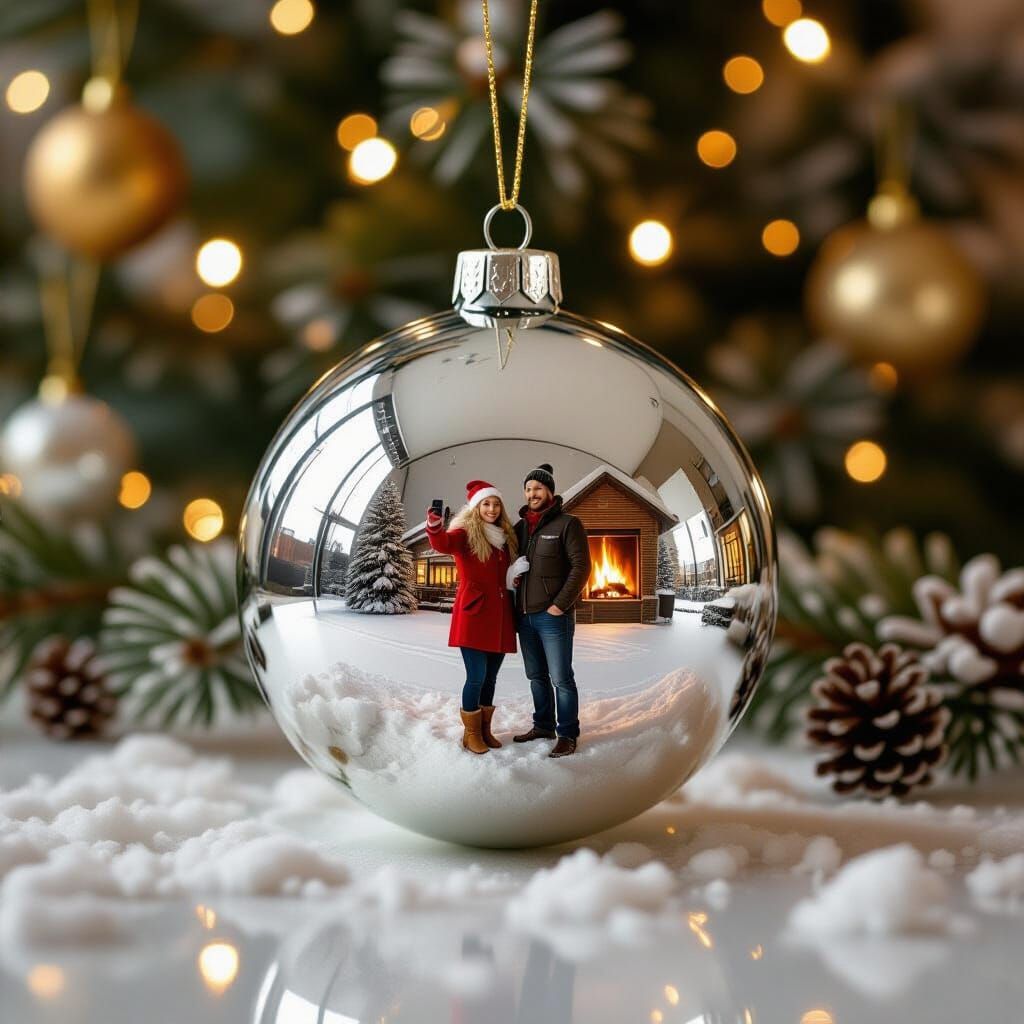 Grinch and Woman Selfie Reflected on Silver Christmas Orname...
