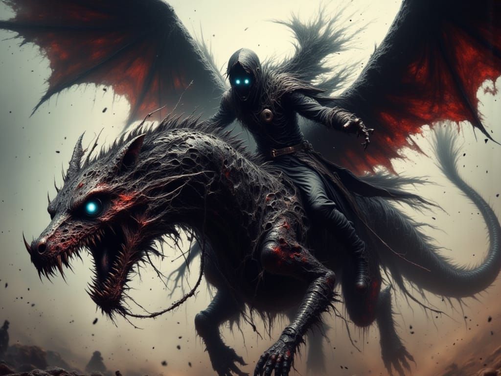 Angel of Death Rides Dragon in Dark Fantasy Style