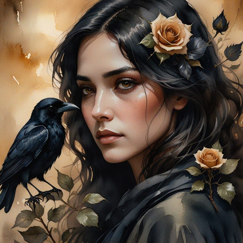 Mysterious Woman with Rose: Watercolor Portrait