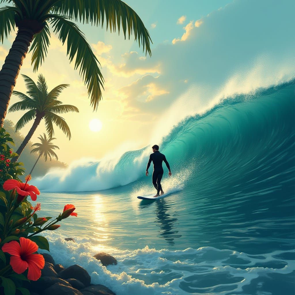 Surfer Rides Futuristic Wave in Tropical Paradise