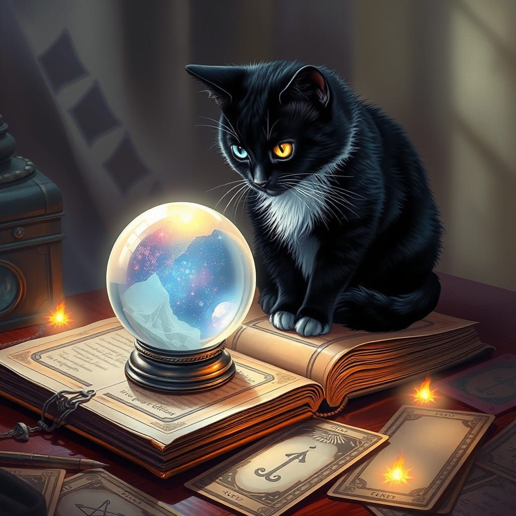 Mystical Cat Gazing into Crystal Ball in Astral Style