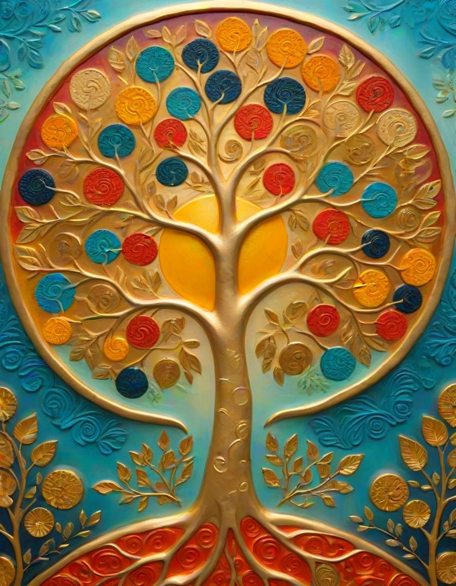 Hand-painted plaster background, vibrant embossed relief of a tree of life with golden klimt style cosmetics, rich layer...