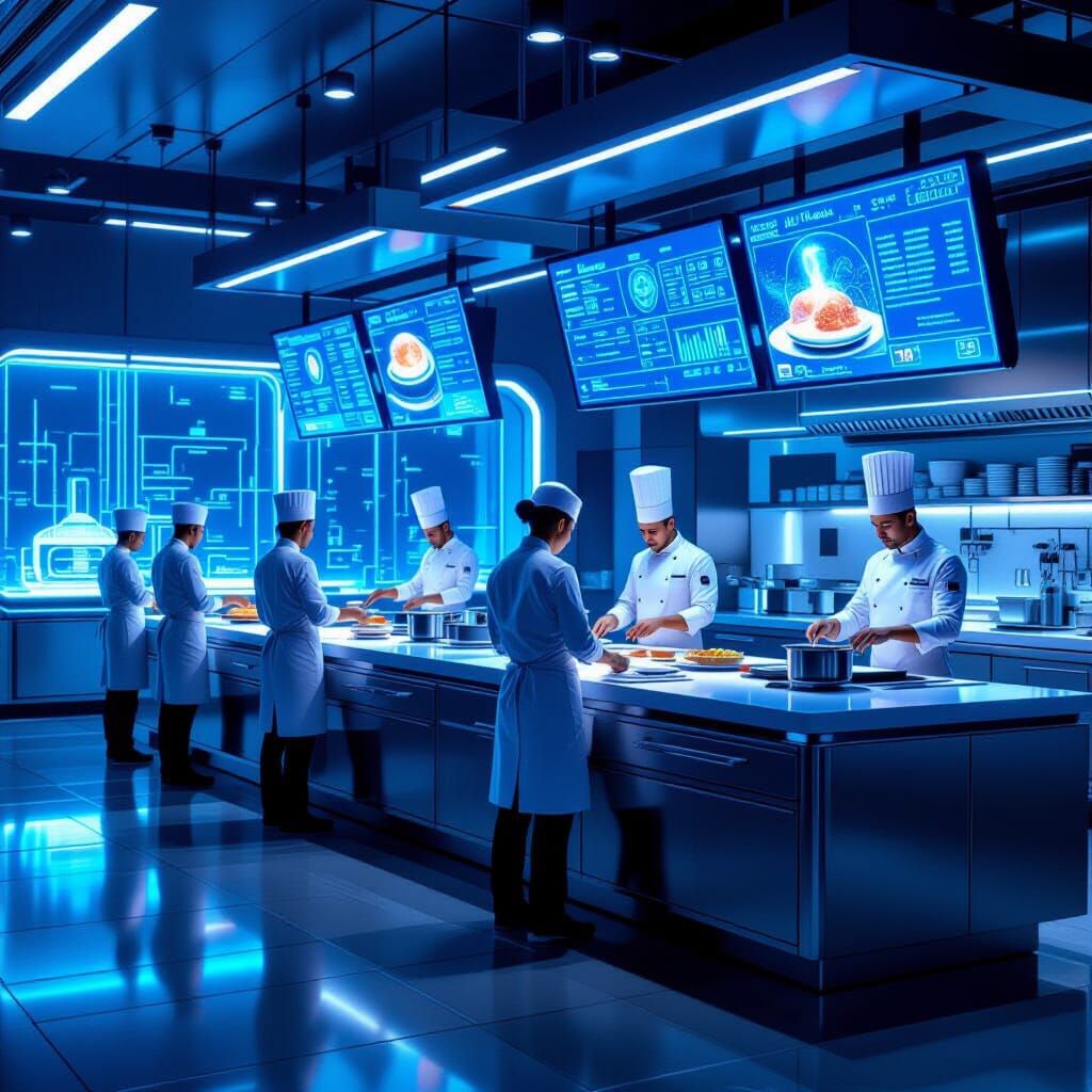 Futuristic Kitchen with Chefs Using Digital Screens