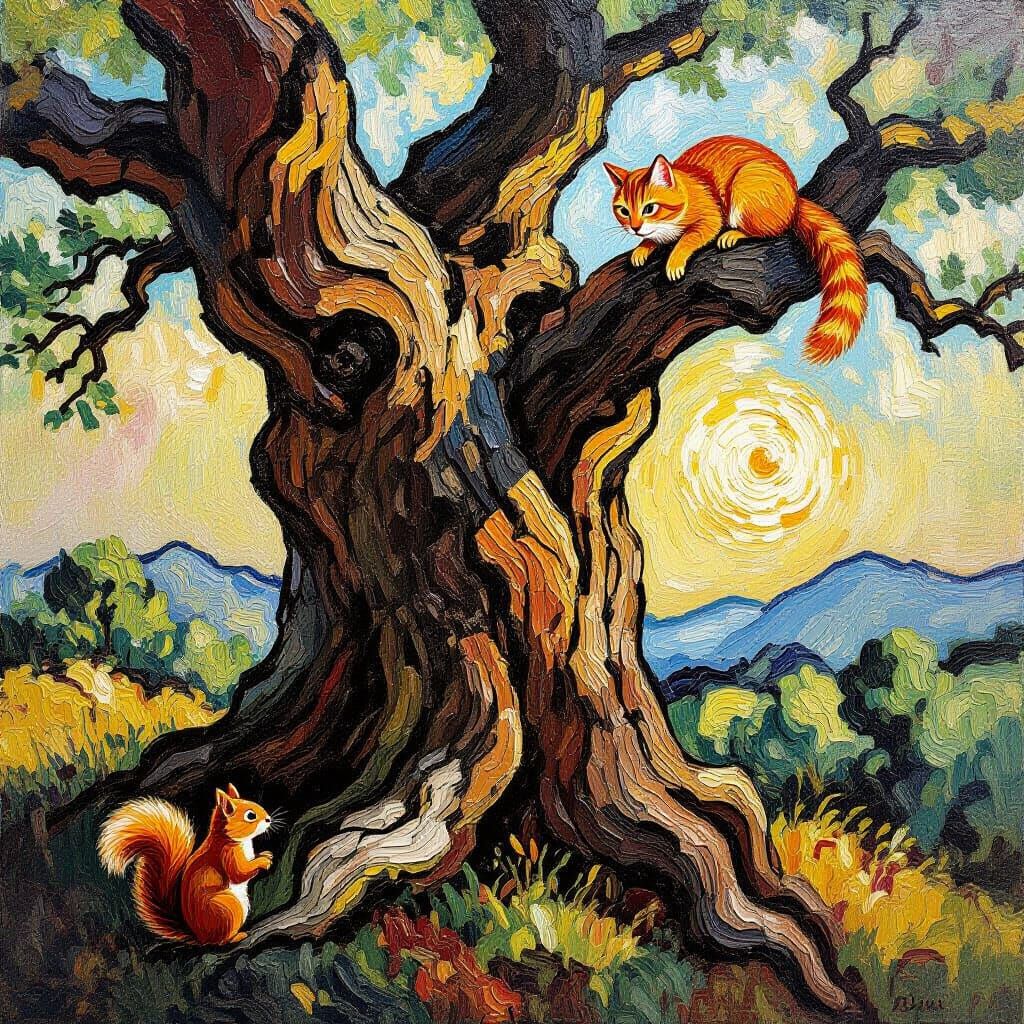 Squirrel and Cat Under a Van Gogh Tree