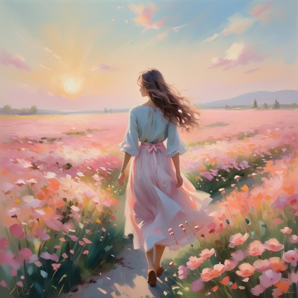 Impressionist Pink Flower Landscape in Oil