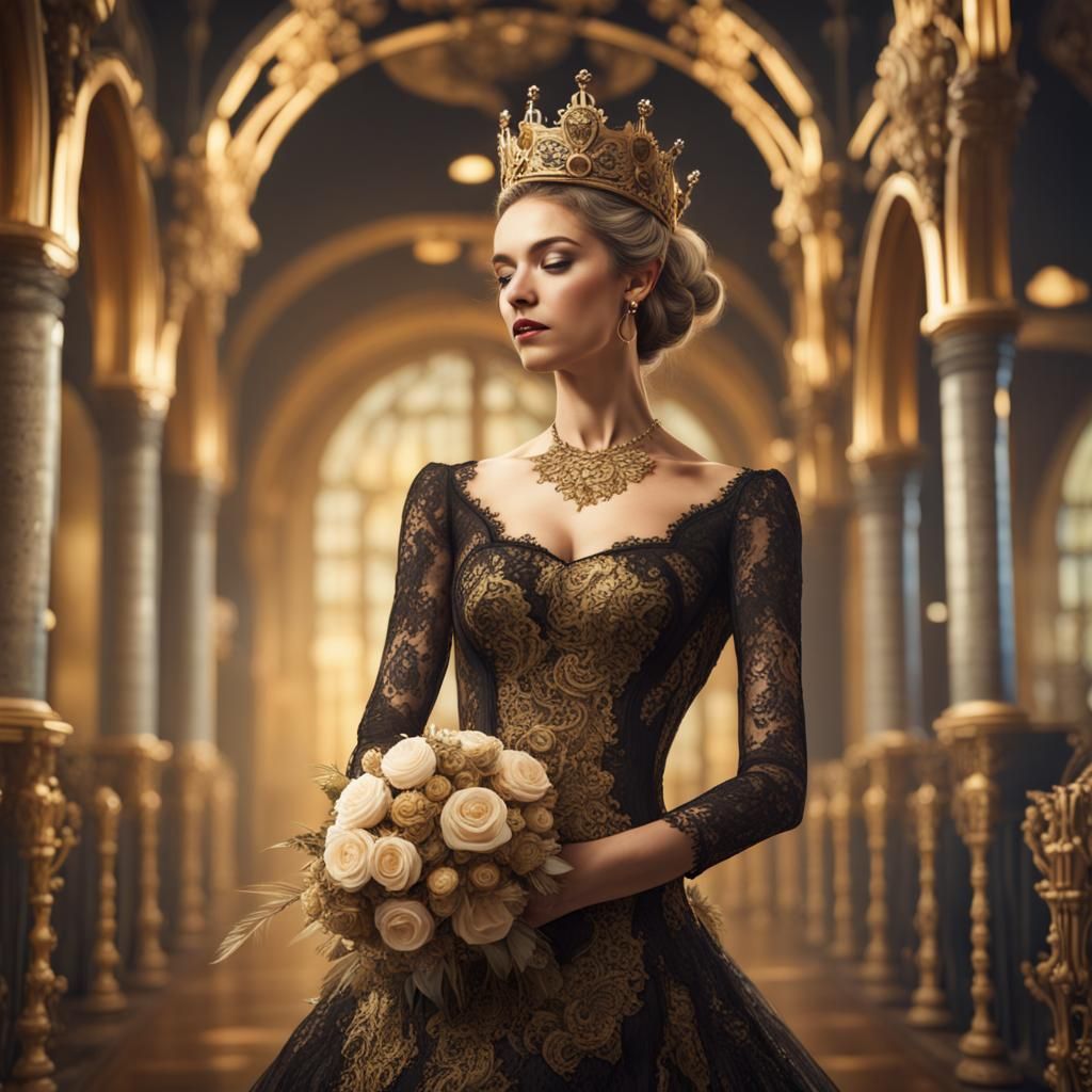 Steampunk Bride in Black and Gold Lace Dress