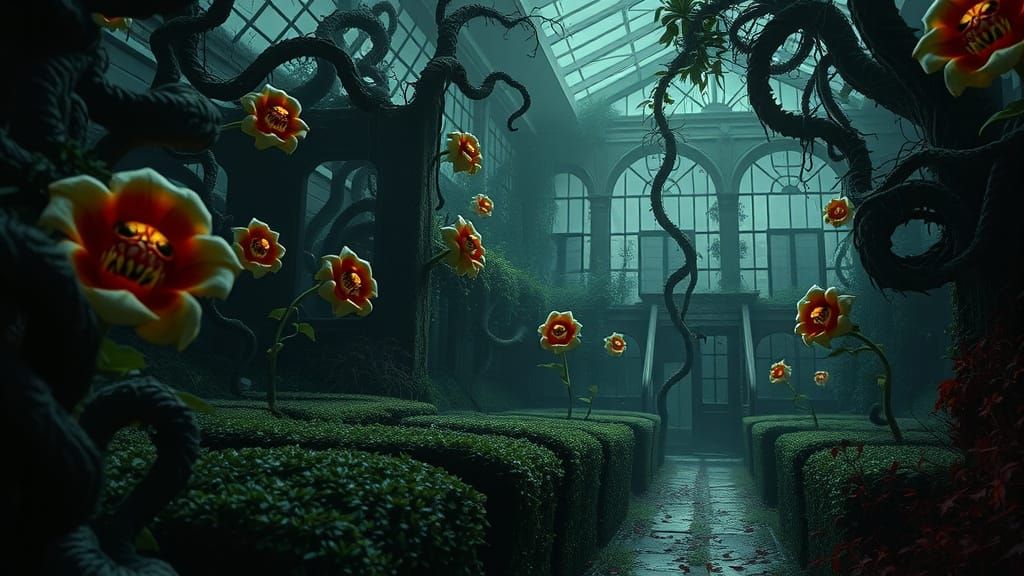Menacing Garden Maze to Crumbling Greenhouse in Dark Fantasy...