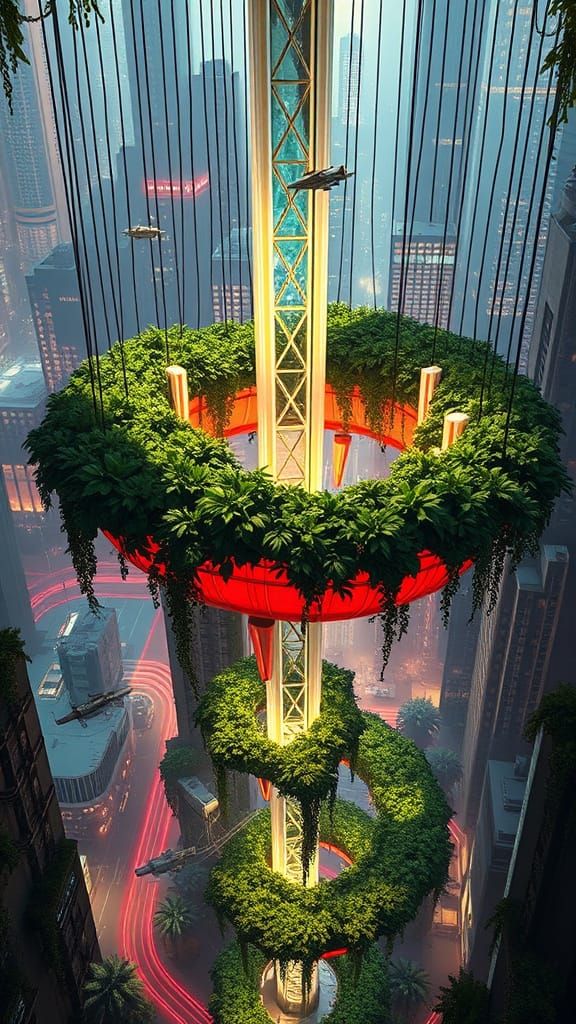 Surreal Futuristic Hanging Gardens Rise Amidst Cyberpunk Met...
