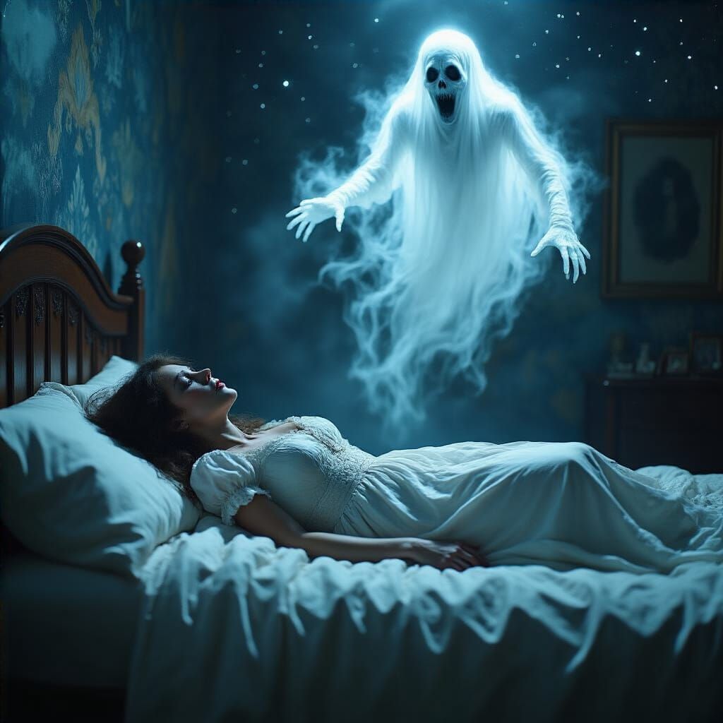 Eerie Ghostly Apparition Above Fainted Woman