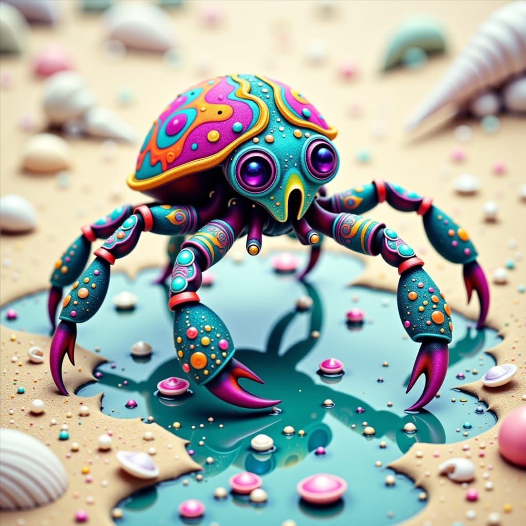 Hermit Crab in Psychedelic Skull Shell on Golden Beach