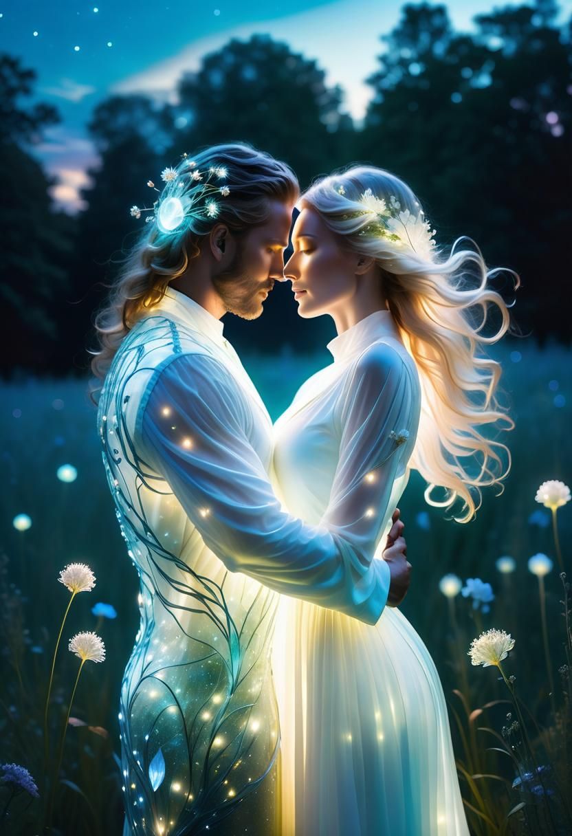 Glowing Couple Embrace in Cosmic Meadow