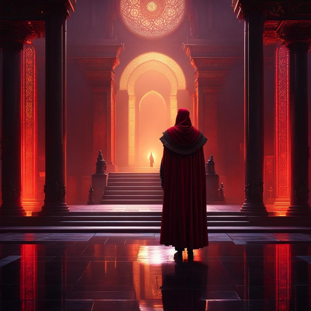 Figure in Red Cloak at Dawn: Dark Fantasy Art