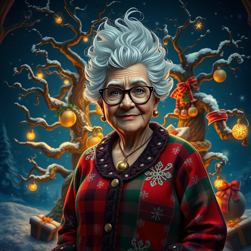Warm Grandma in Whimsical Christmas Scene, in Detailed, Drea...