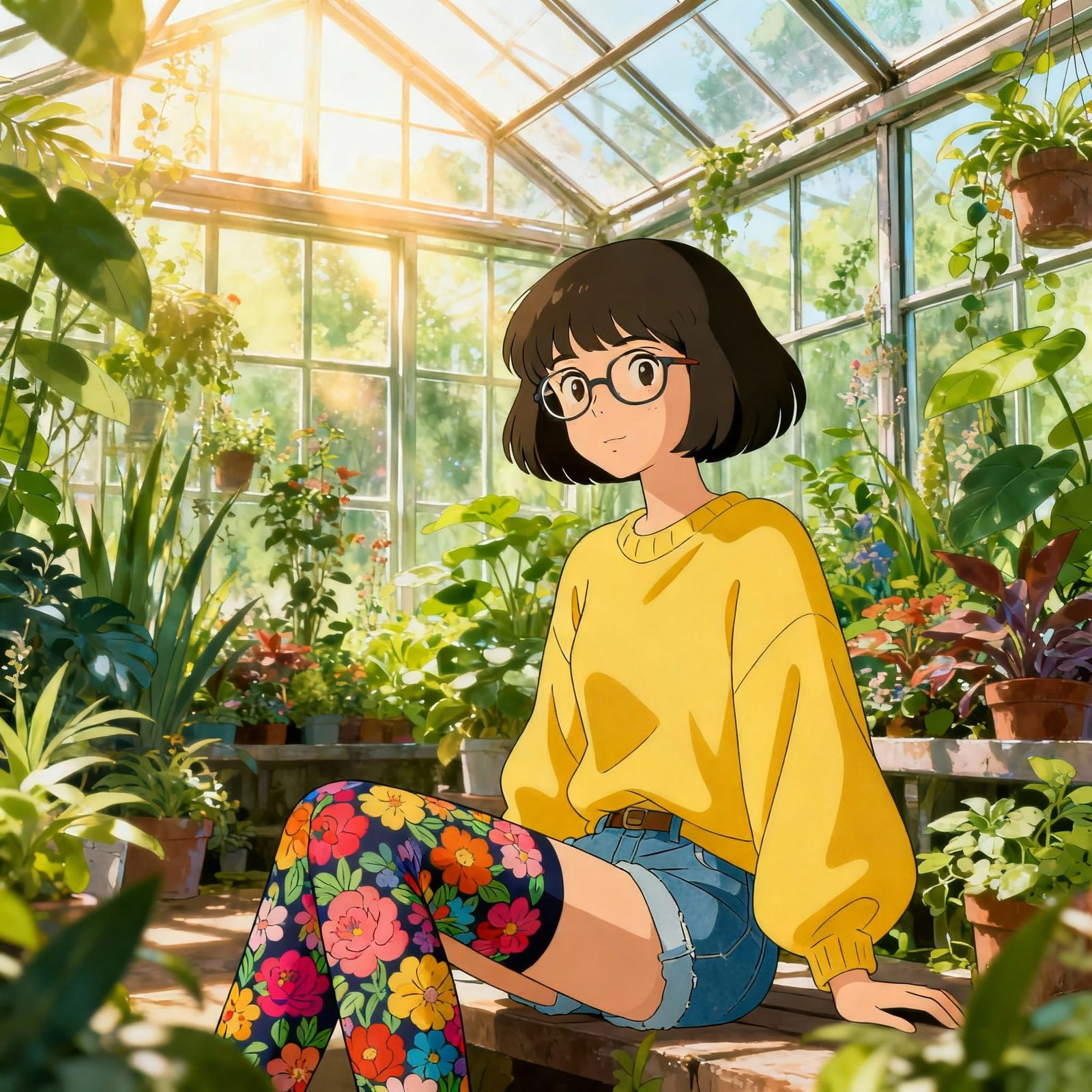 Woman in Sunlit Greenhouse with Floral Stockings