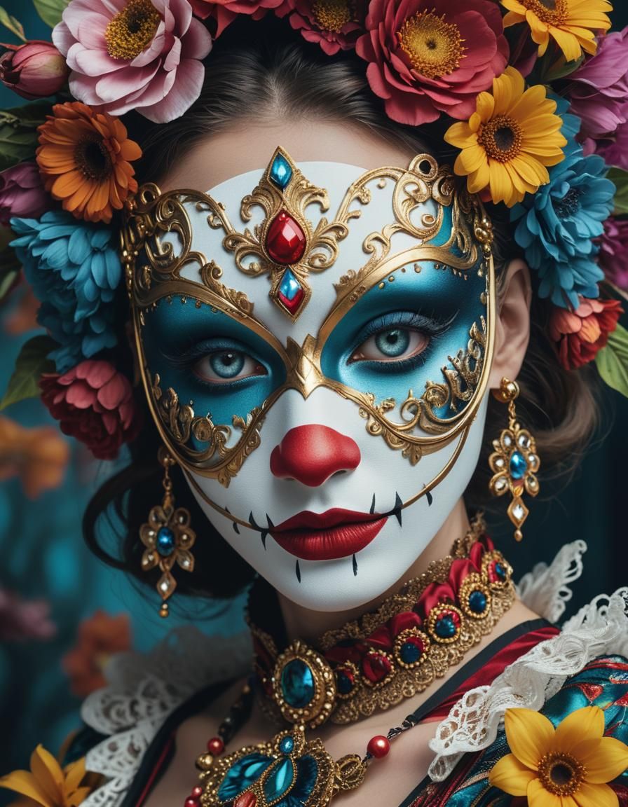 Melancholic Masquerade Portrait with Ornate Floral Details