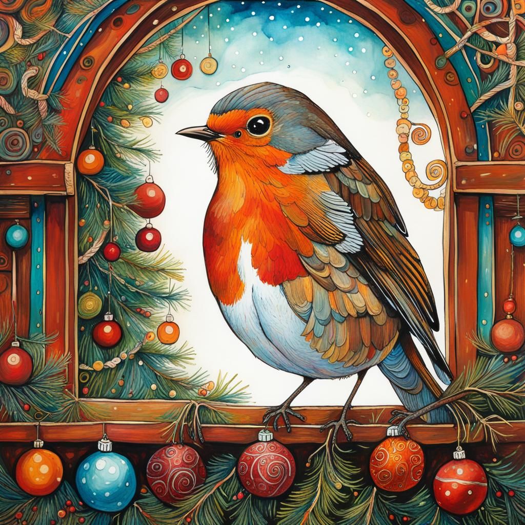 Robin in Christmas Window, Art Brut Illustration