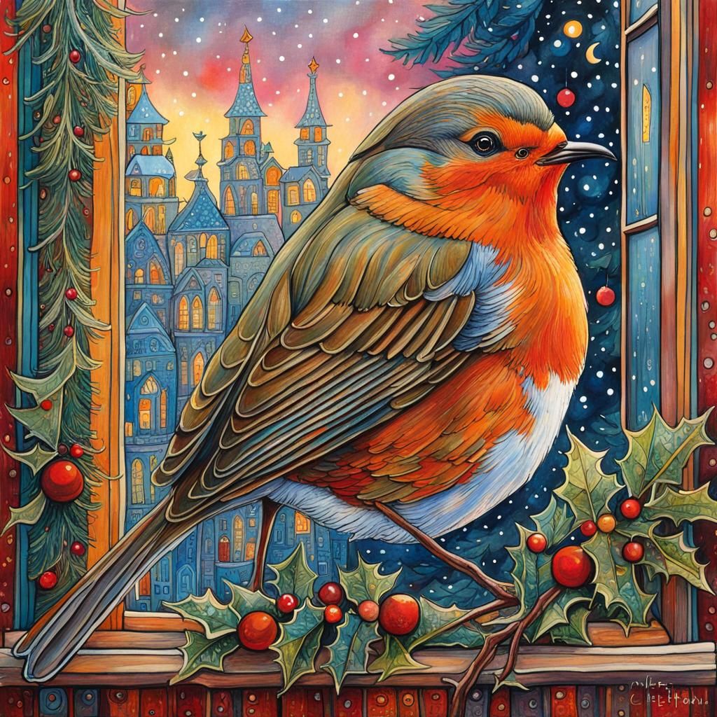 Robin in Christmas Window: Art Brut Illustration