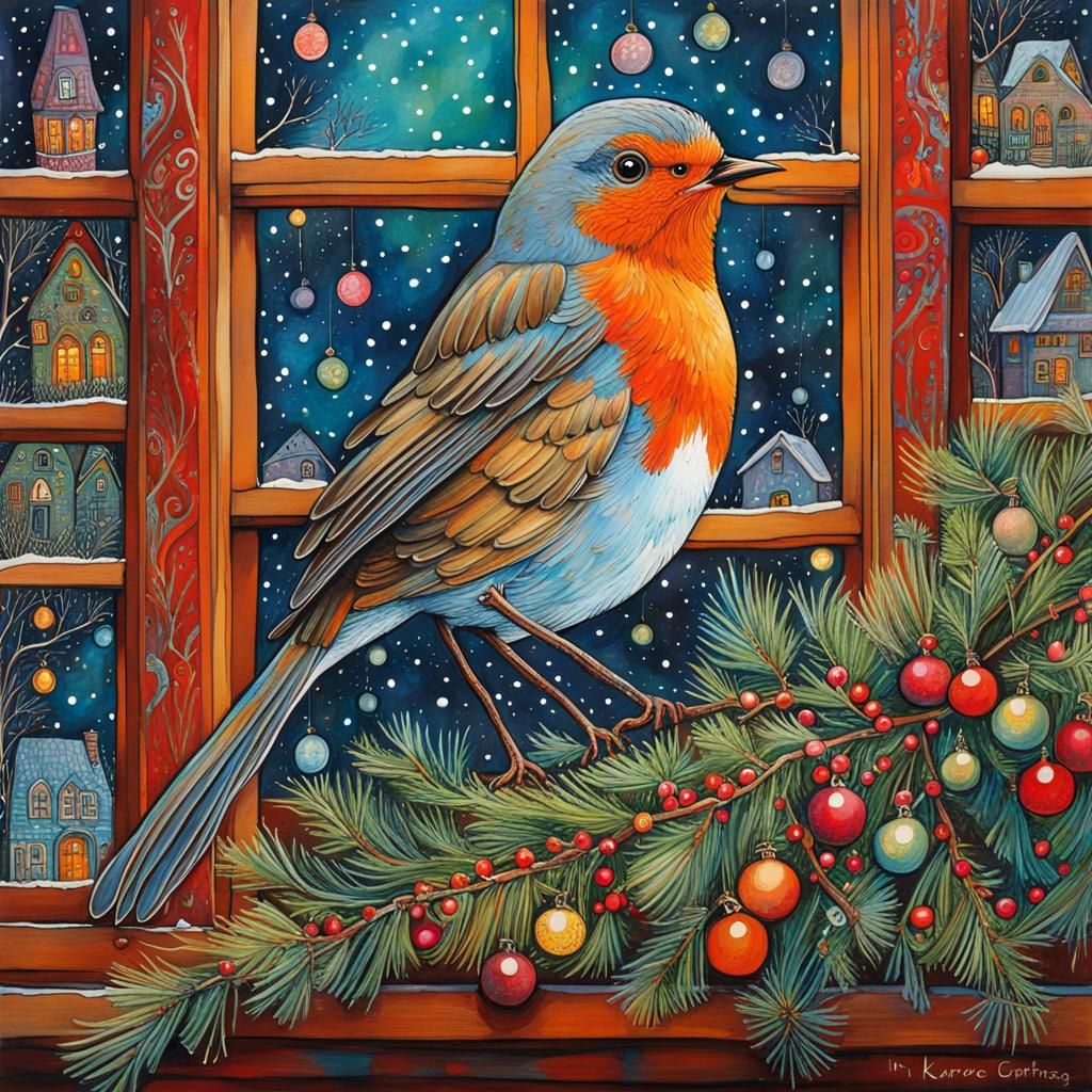 Robin in Christmas Window: Art Brut Illustration