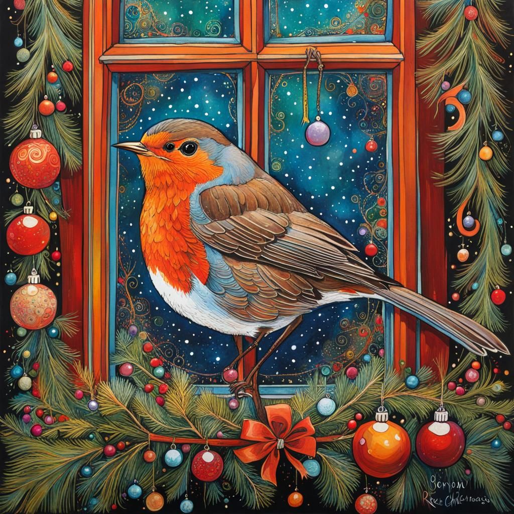 Robin in Christmas Window: Art Brut Illustration