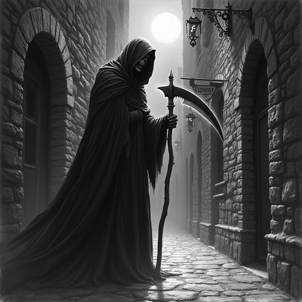 Spectral Reaper in Moonlit Alleyway, Gothic Charcoal Drawing