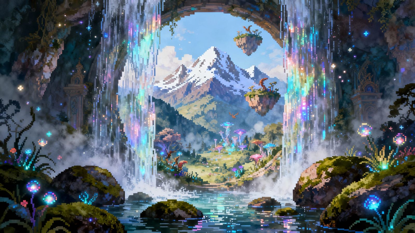 Magical Waterfall Portal to Fairy Landscape Painting