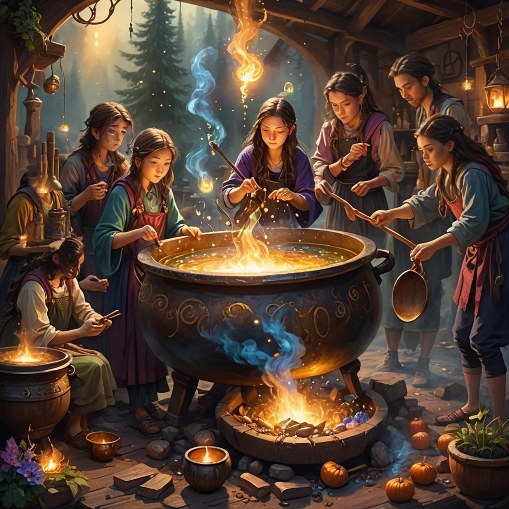 Apprentice Sorcerers Brewing Potion with Magic
