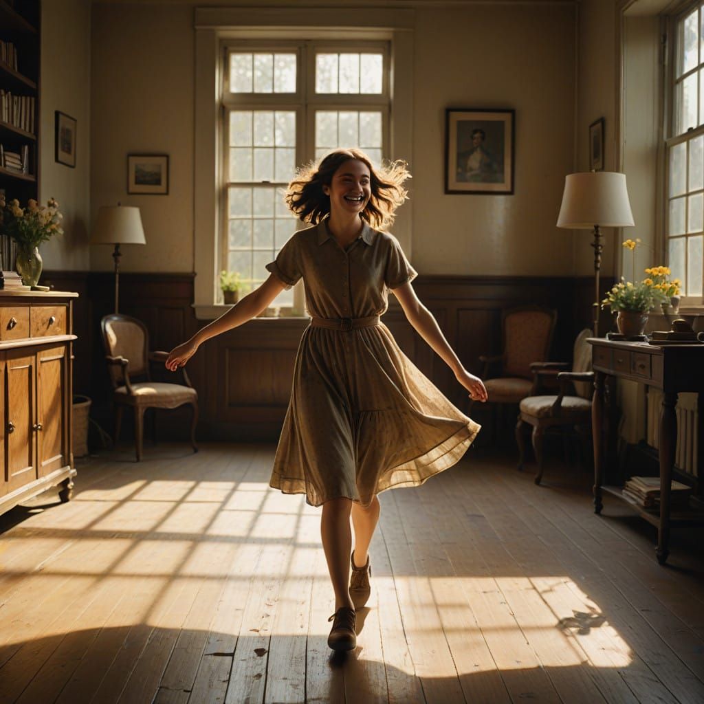 Joyful Girl in Sunlit Living Room