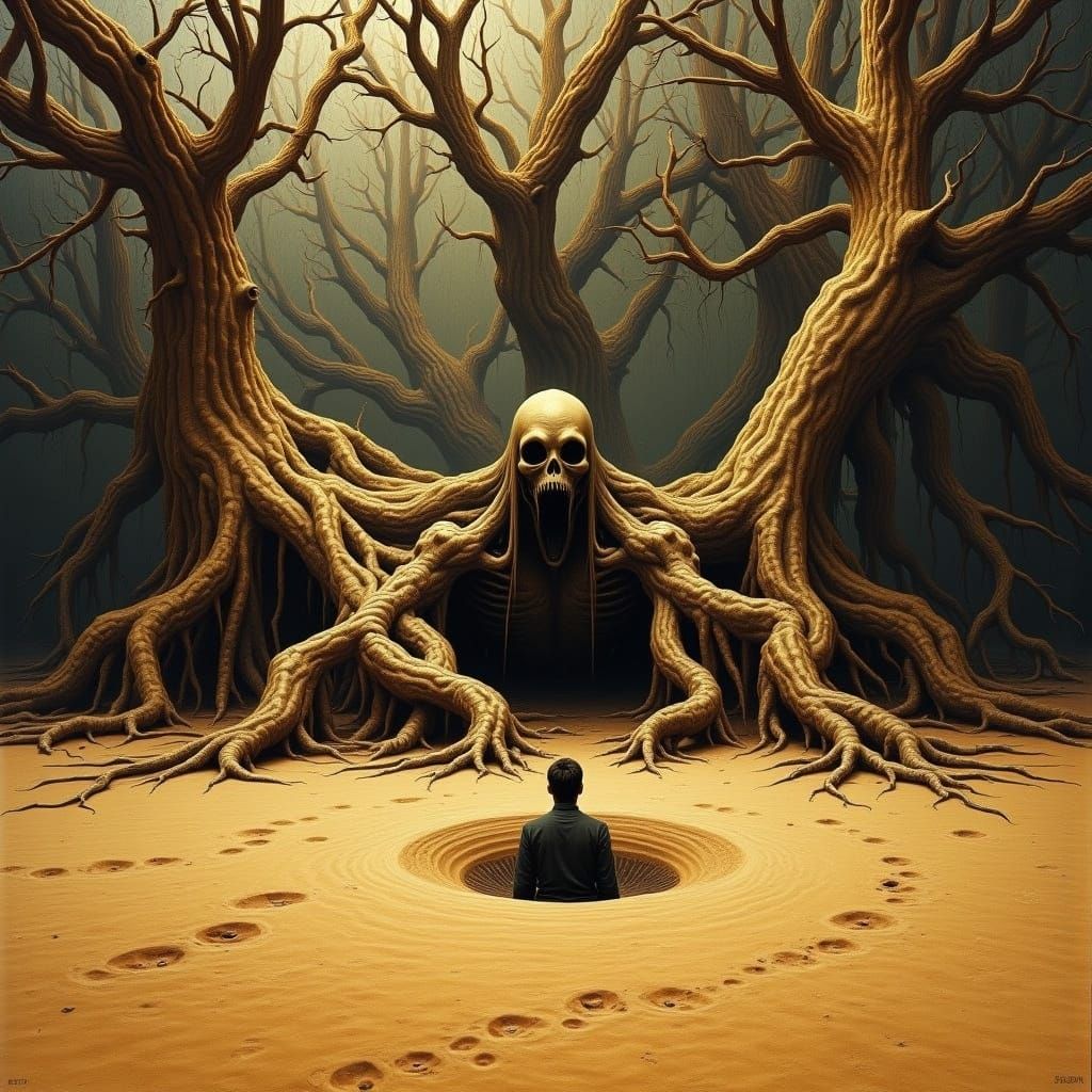 Surreal Scene of a Person Sinking into Quicksand in a Dreaml...