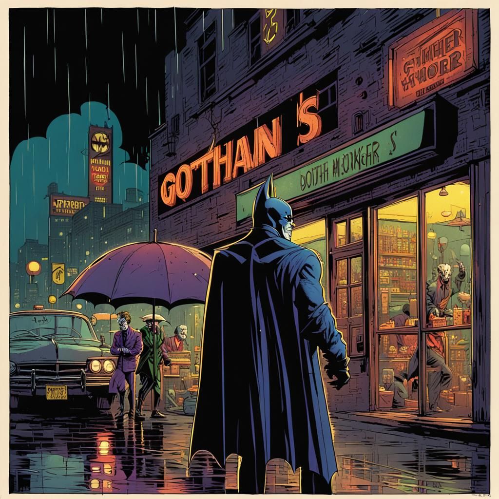 Batman and Joker in Rainy Gotham: Graphic Novel
