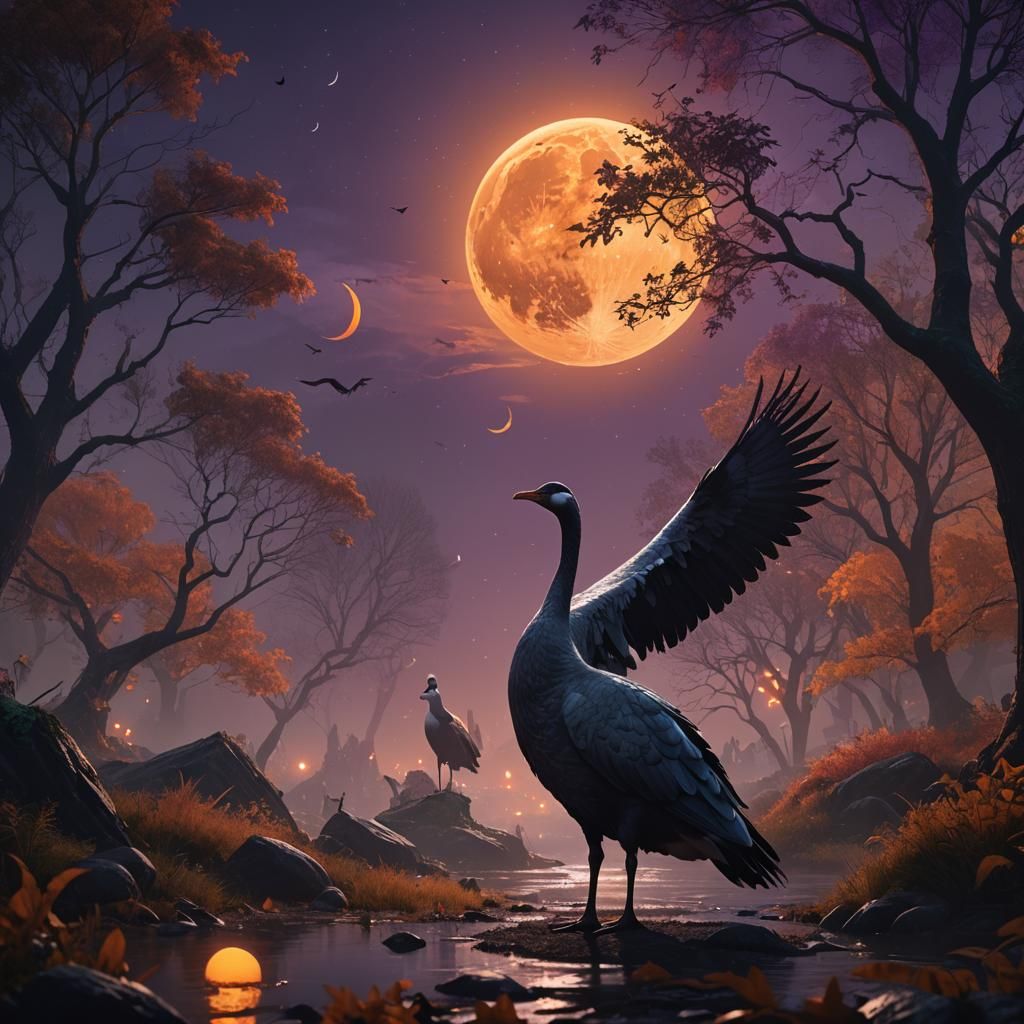 Fantasy Goose with Horns Before Orange Moon