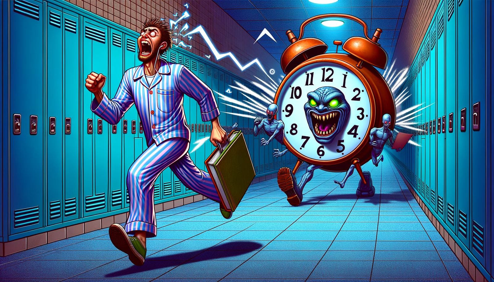 Student Flees Giant Alarm Clock in Humorous Cartoon Style