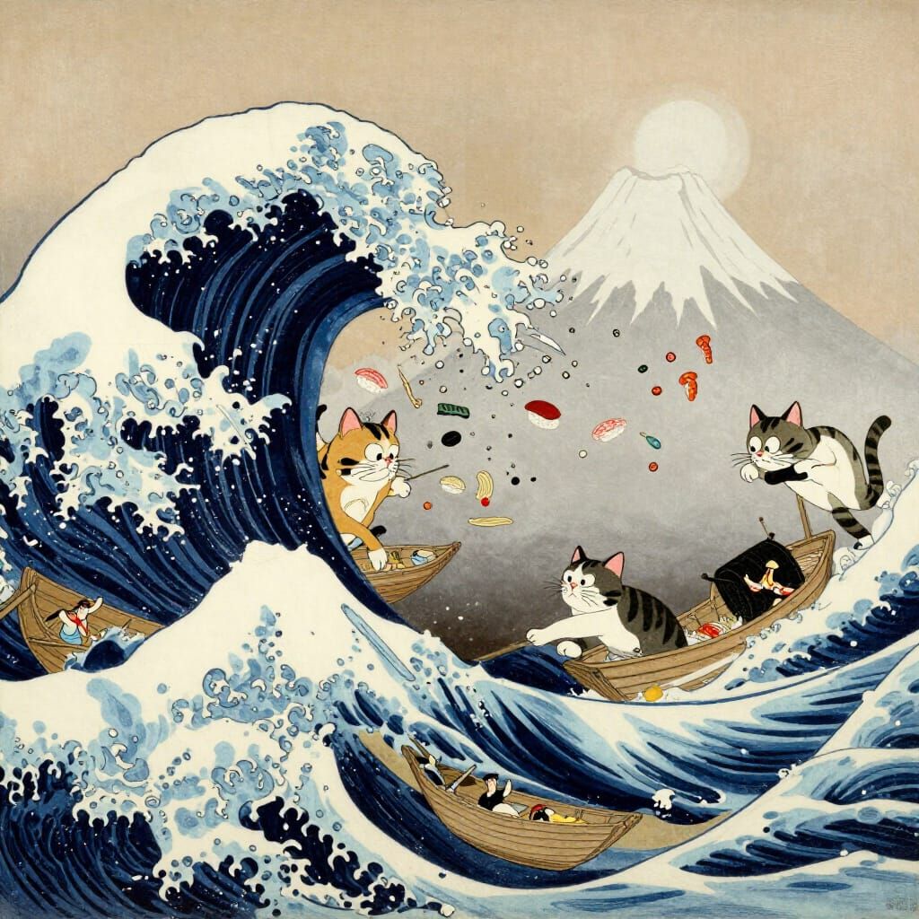 Giant Cats Erupting From Ocean Waves in Ukiyo-e Style